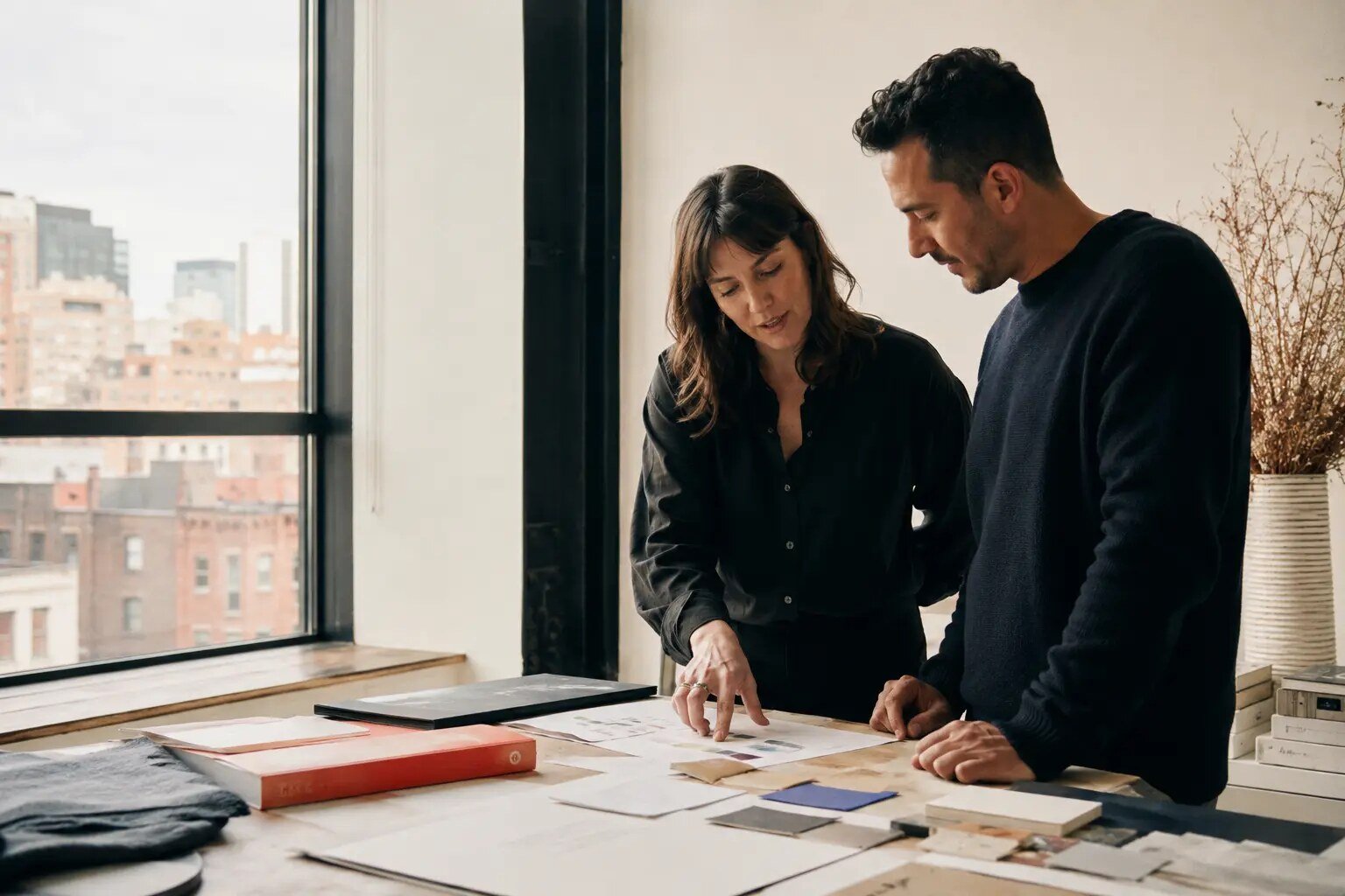 An art director and small-business owner reviewing a brand brief in a studio