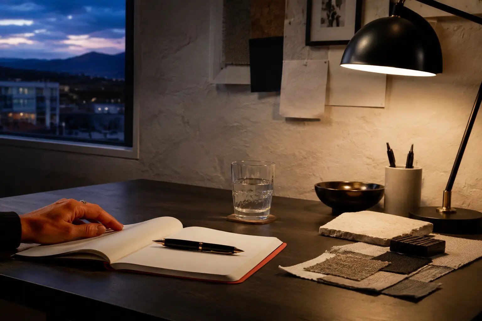 A quiet studio desk prepared with an open project notebook and material samples